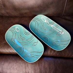 ROSELANE Pottery MCM Turquoise Fish Motif Serving Dishes